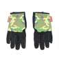 Pair of camouflage bike gloves with black accents on a white background